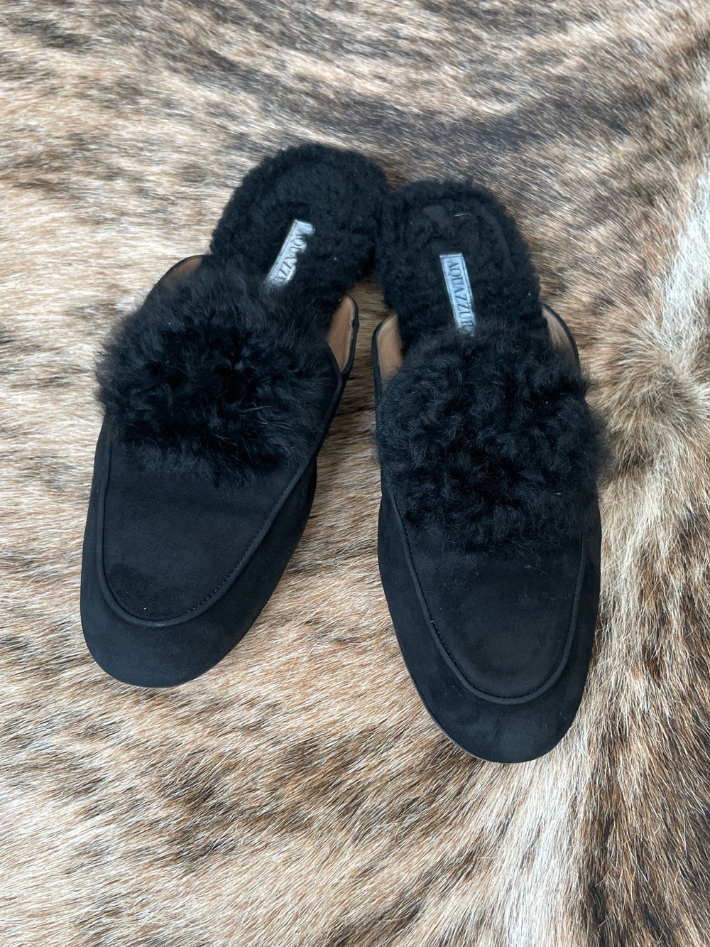 Aquazzura Foxy Black Suede Shearling Mules EU 40